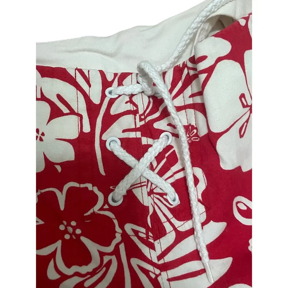 Vintage Y2K Kids 10 Pull On Red White Floral Hawaiian Print‎ Lightweight Pants